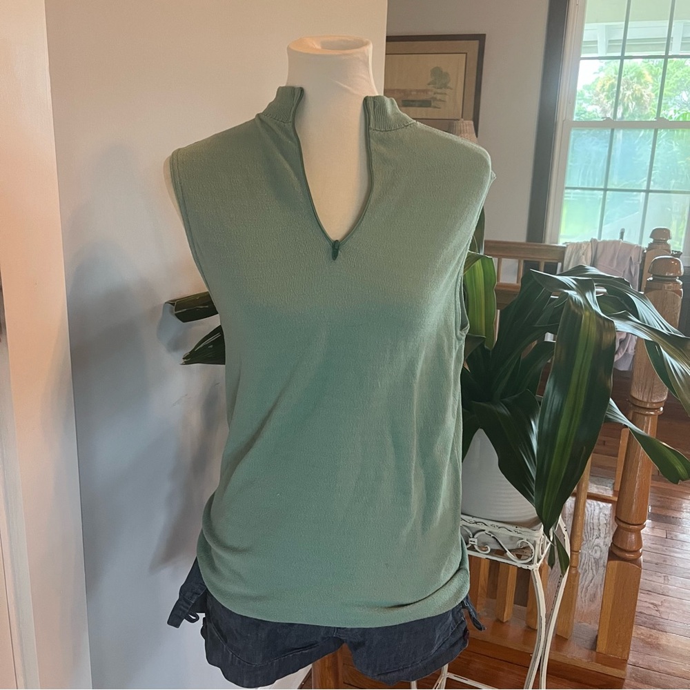 vintage sage green terrycloth quarter zip vest top intricate woven detailing